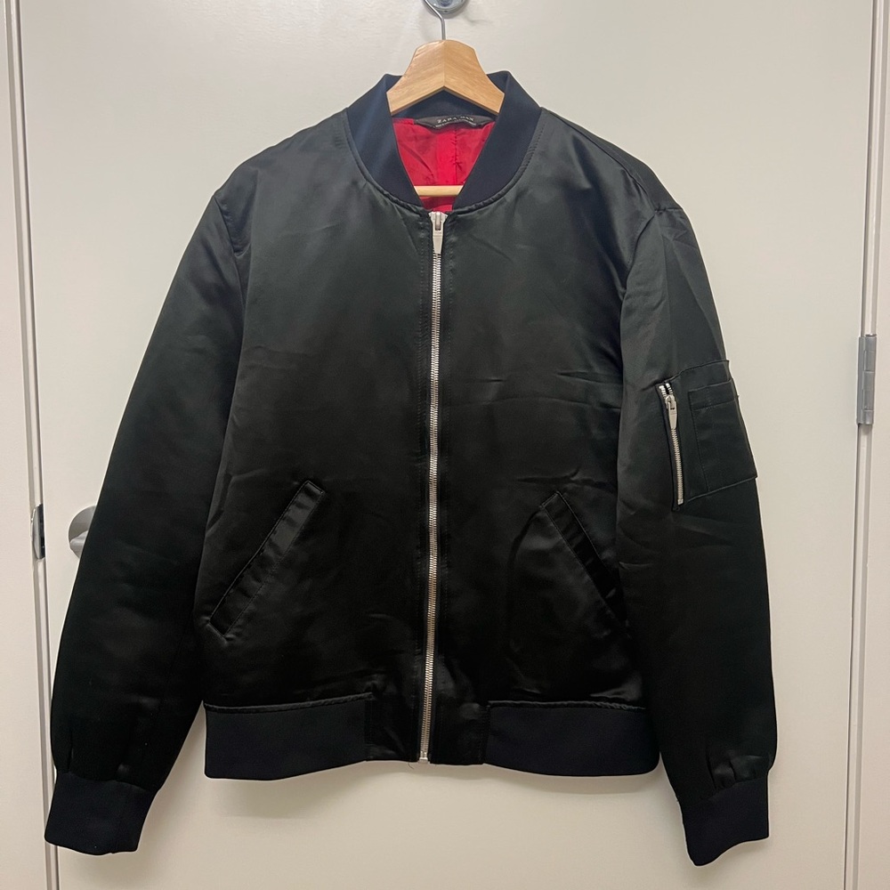 Zara Black Bomber Jacket Size XL – Distressed with Floral Back Design